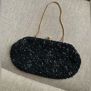 True Vintage 1960’s black & gold beaded purse handbag